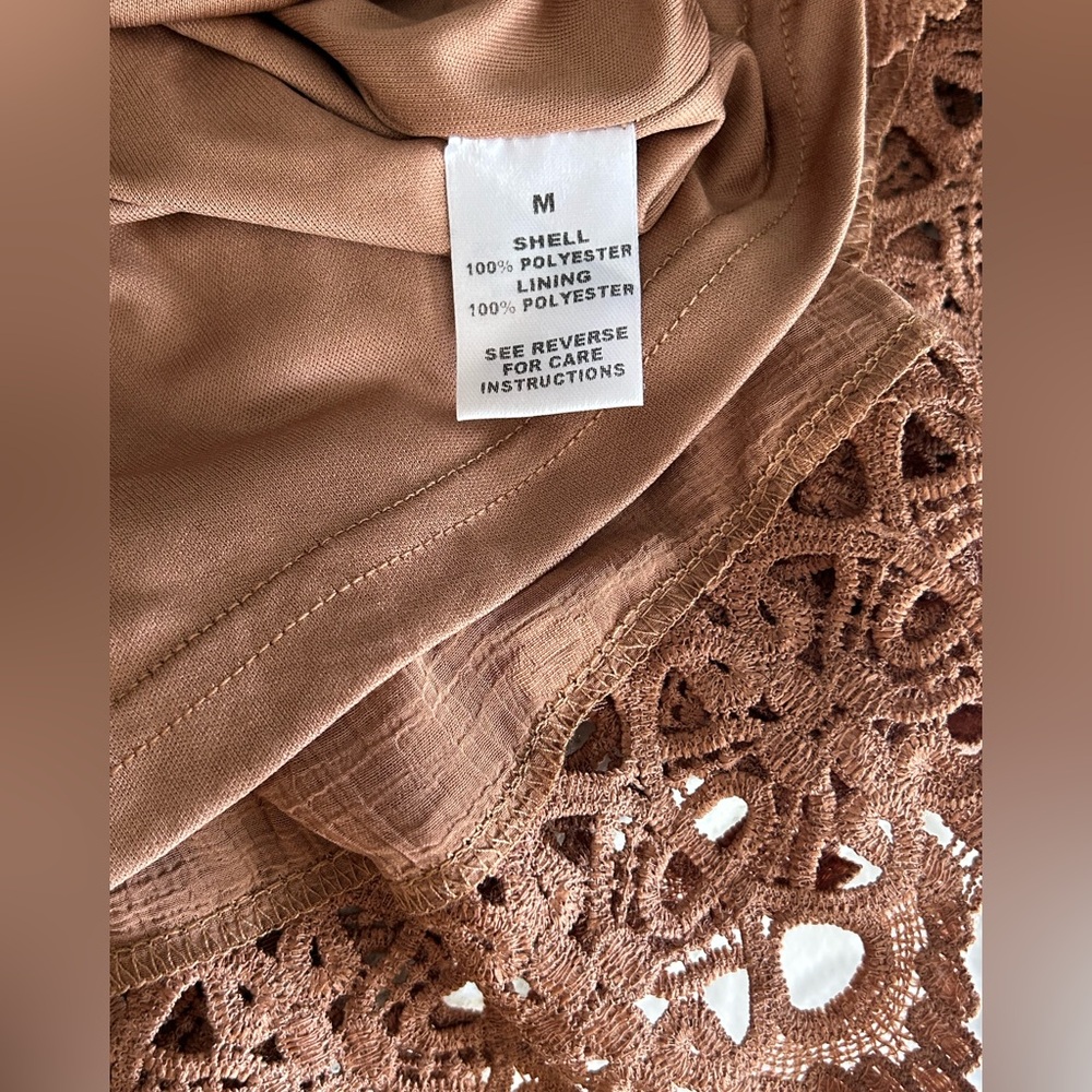 Just Me Boho Swiss Dot Crochet Lace Ruffled Hem Party Mini Dress Cognac Size M - Picture 11 of 15